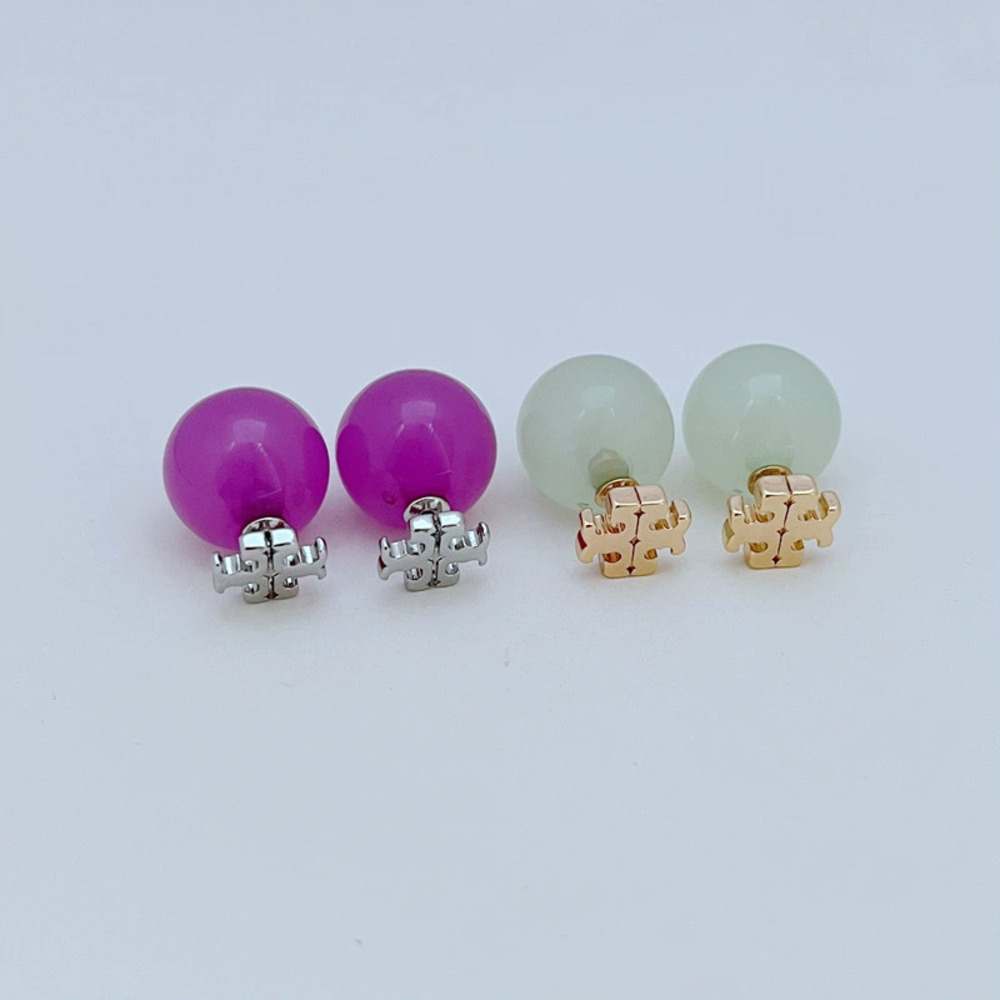 Tory Burch Letter Resin Ball Front Back Metal Stud Earrings